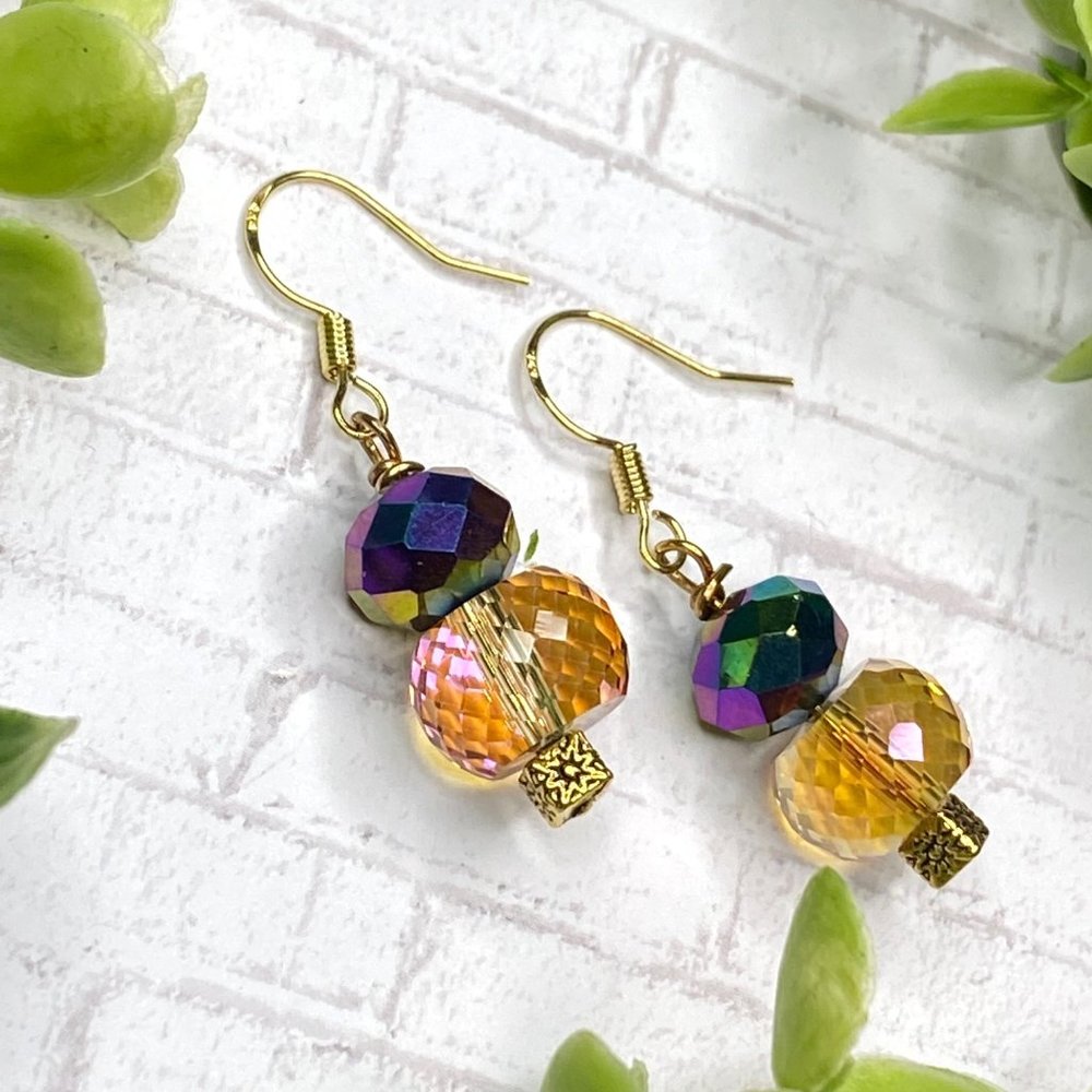 3/$25 Aurora Borealis & Amber Faceted Glass Bead Gold Earrings - Handcrafted